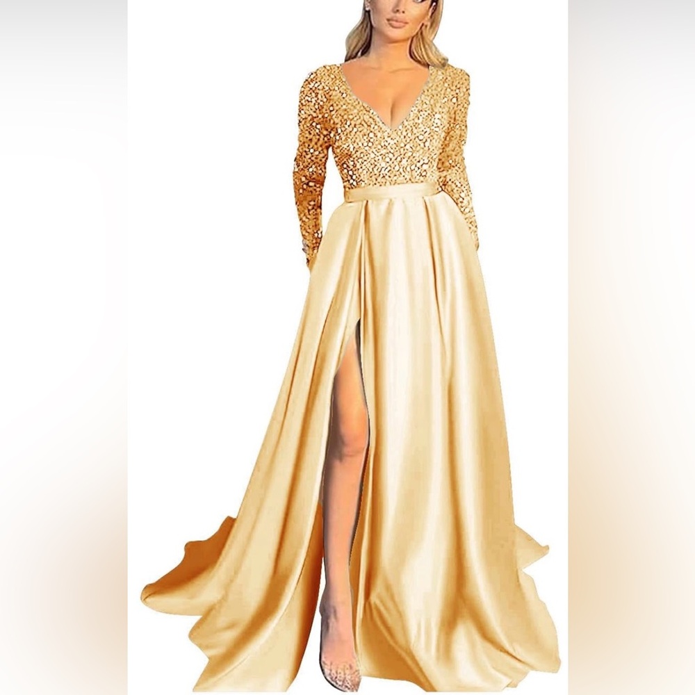 Elegant V Neck Sequin Satin Evening Gown Long Sleeve